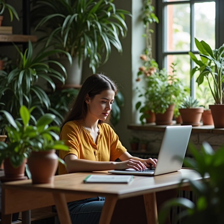 Brasileira planejando orçamento de intercâmbio no Canadá em seu apartamento.