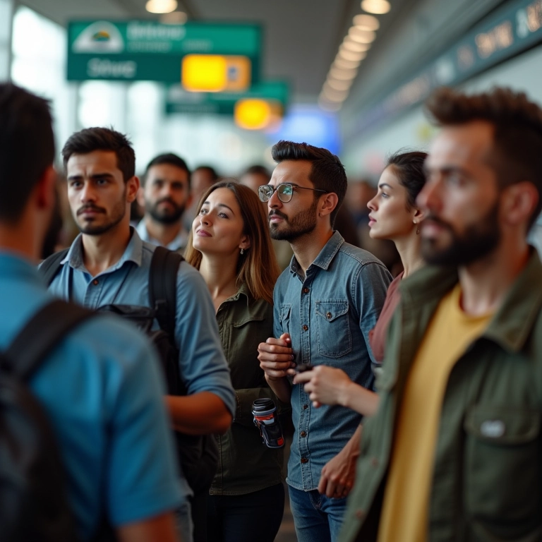 Alfândega Brasil: Limite de Compras no Exterior Brasileiros passando pela alfândega em aeroporto internacional, alguns confusos, outros aliviados.