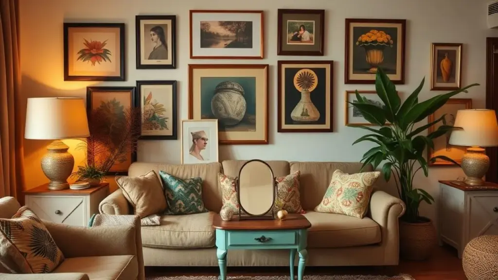 Brazilian living room scene showcasing a curated collection of vintage vases, framed prints, and a Decoração de sala com objetos vintage encontrados em brechó no Brasil