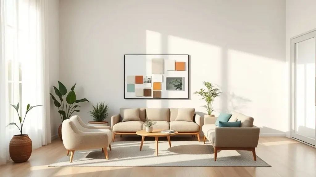Bright and airy Brazilian living room mock-up, minimalist style, featuring a mood board with fabric Planejamento de decoração de sala com amostras de tecido e cores no Brasil