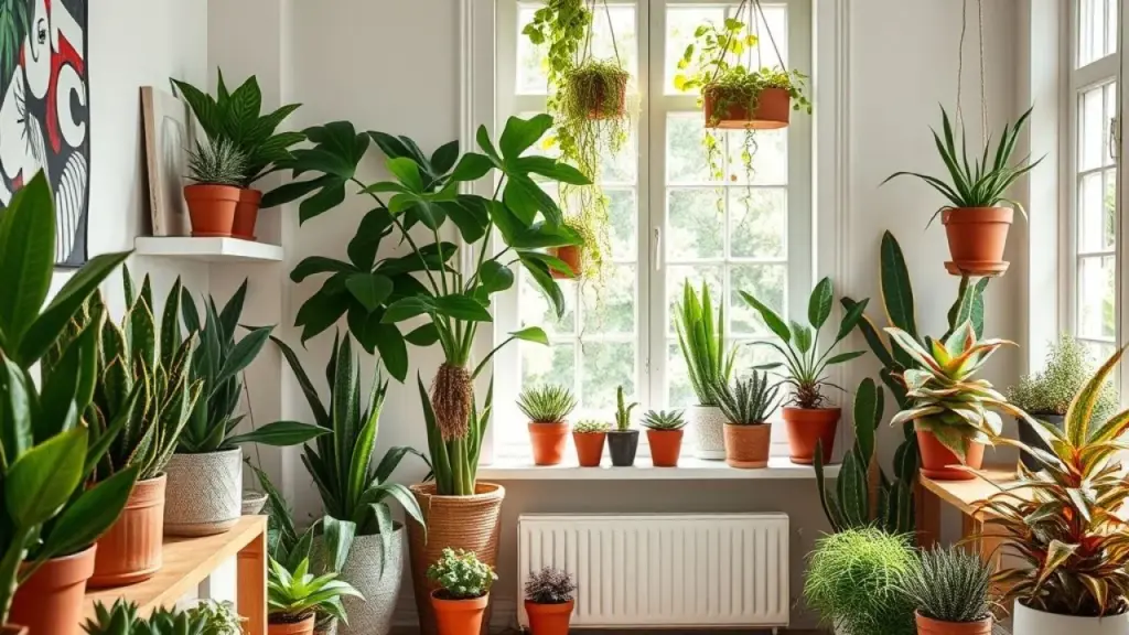 Bright Brazilian living room featuring a variety of potted succulents, cactuses, and trailing Sala brasileira decorada com suculentas, cactos e plantas pendentes