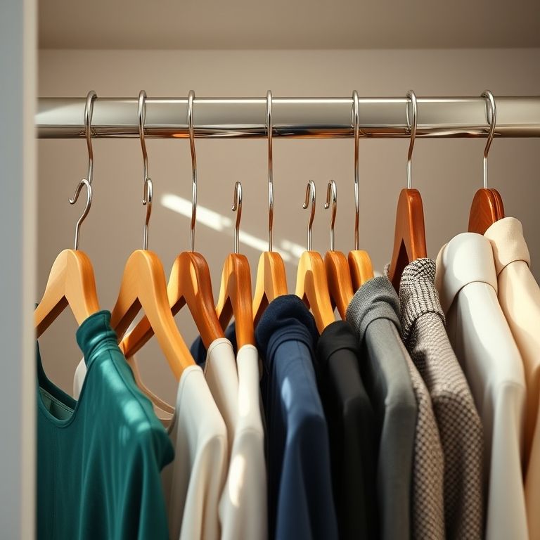 Cabides de diferentes tipos organizados no closet.