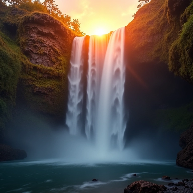 Cachoeira ao amanhecer com efeito seda na água devido à longa exposição.