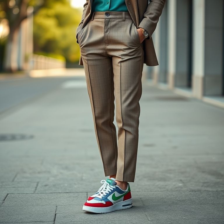 Calça de alfaiataria com tênis colorido.