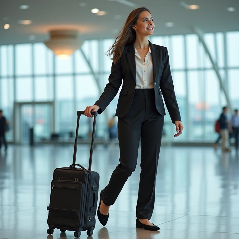 Calças confortáveis e estilosas para consultoras de viagem em aeroporto.
