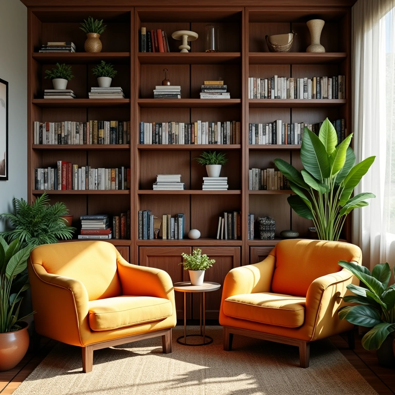 Cantinho da leitura aconchegante em uma casa brasileira, com poltronas confortáveis e estantes de livros.