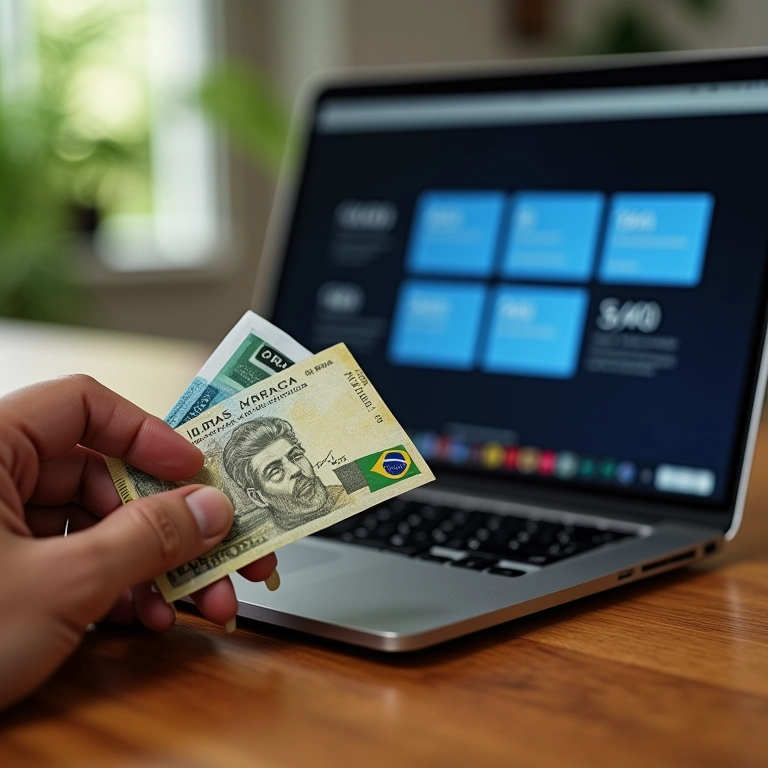 Carteira com Reais ao lado de um laptop mostrando os preços do Zoom e Google Meet.