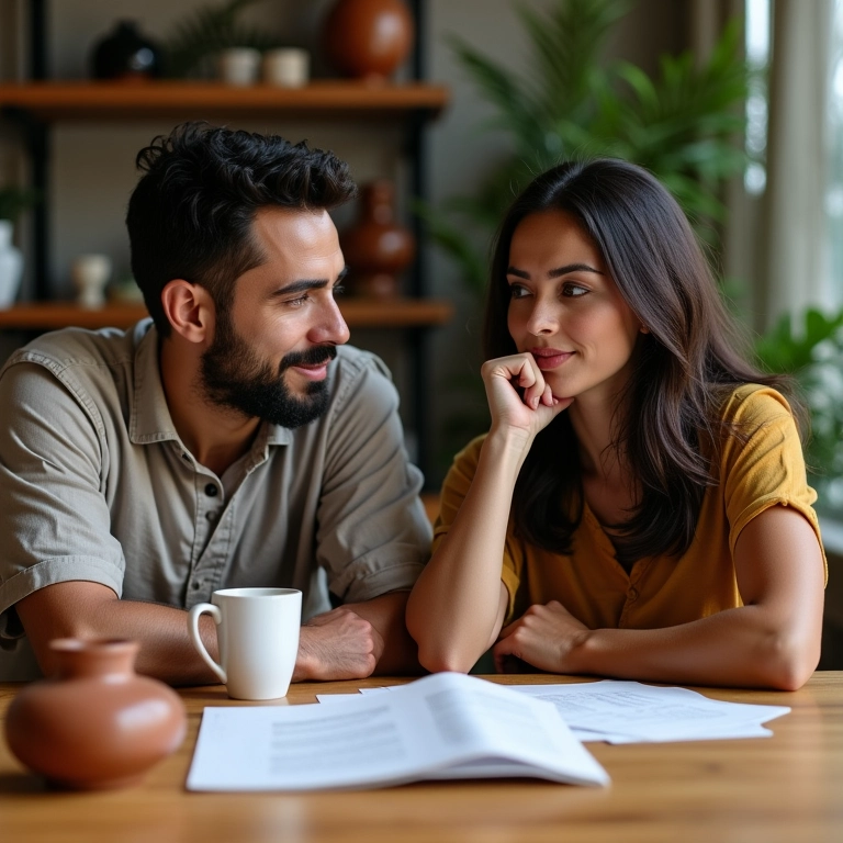 Casal brasileiro analisando relatório do IDEB em casa.