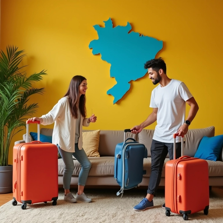 Onde Viajar em Julho no Brasil: Férias Casal brasileiro preparando malas para férias de julho no Brasil.