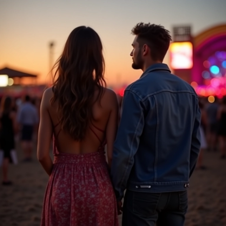 Casal curtindo show sertanejo ao ar livre, com iluminação natural e clima festivo.