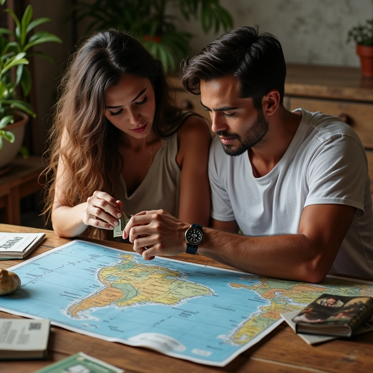 Casal diverso planejando destino de viagem em família com mapa e guias.