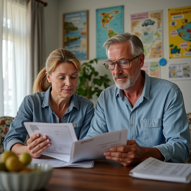Casal maduro conferindo documentos e vacinas para viagem em lar brasileiro.