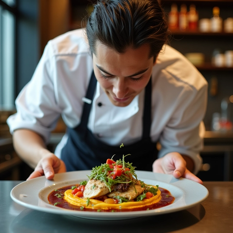 Chef criando prato inovador em cozinha de restaurante em NY.
