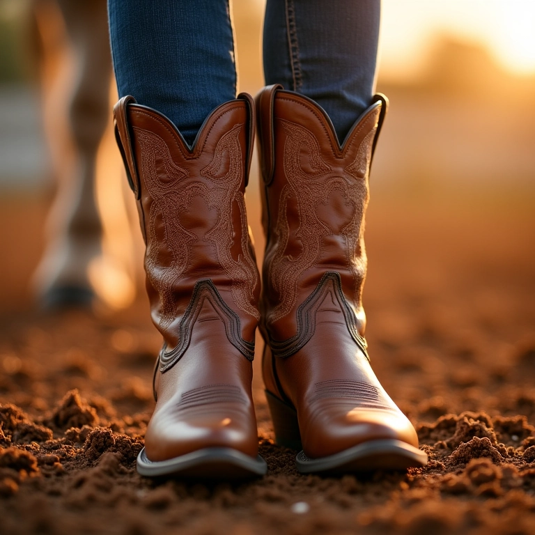 Close-up de botas de cowgirl em show sertanejo, conforto e estilo para seus pés.