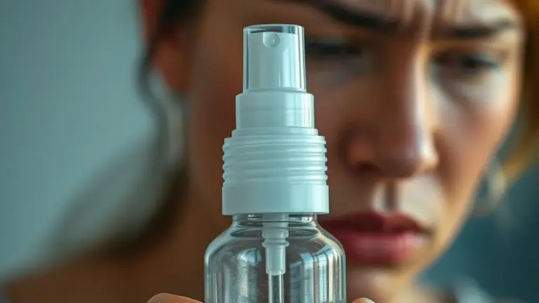 Frasco de spray nasal em close-up com mulher preocupada ao fundo.