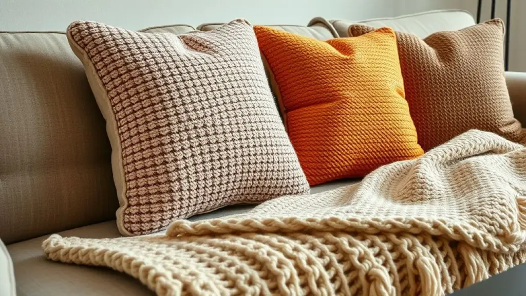 Close-up of textured cushions and a knitted throw blanket on a neutral-colored sofa in a Brazilian Almofadas texturizadas e manta em sofá de sala brasileira