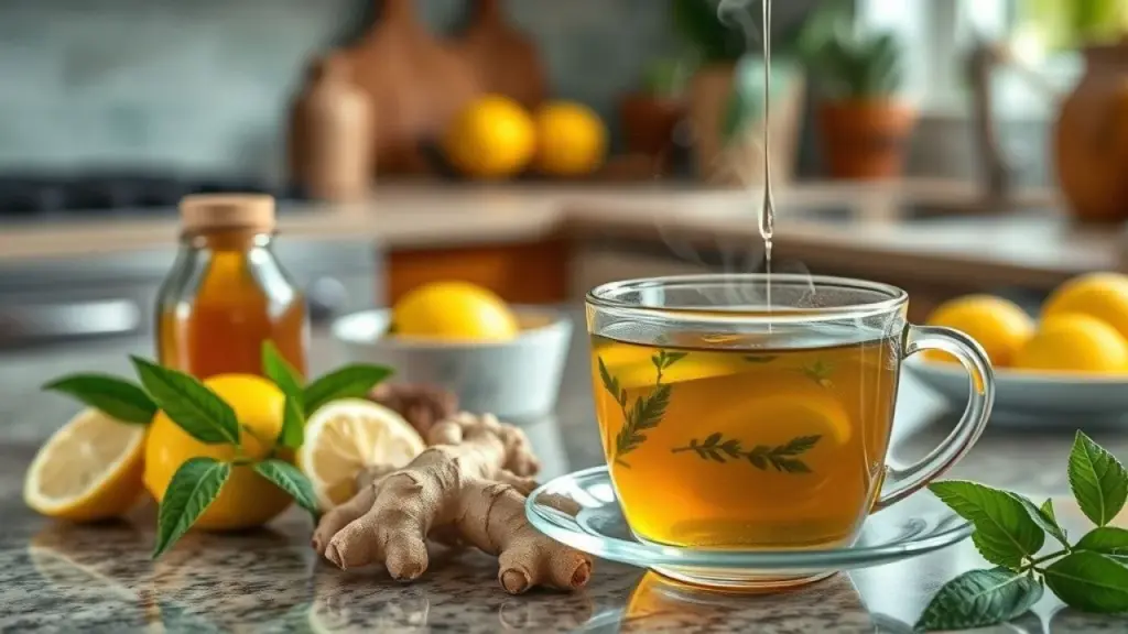 Ingredientes naturais para remédio caseiro contra tosse: mel, limão, gengibre e chá.