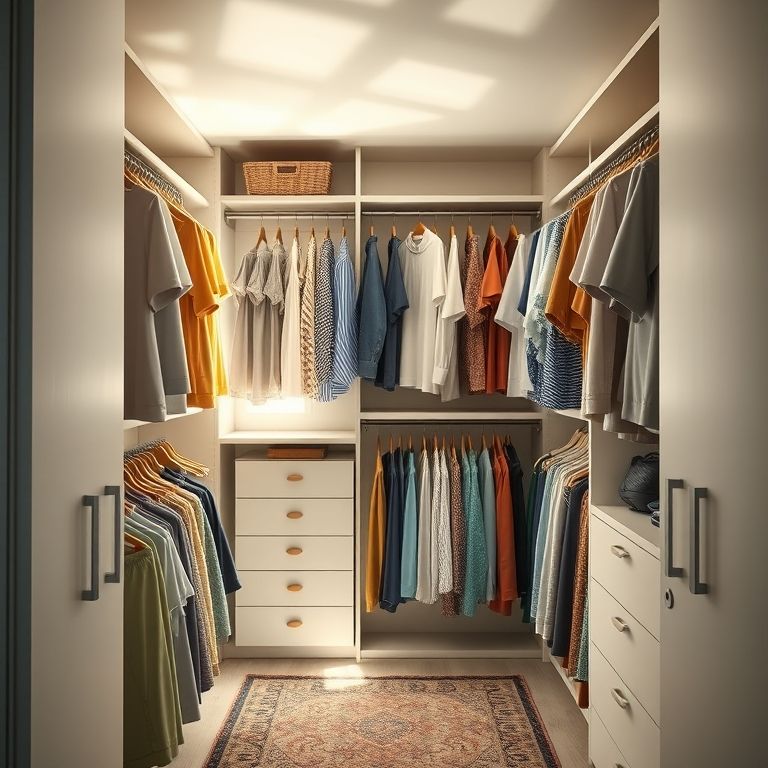 Closet organizado com roupas coloridas e bem dispostas.