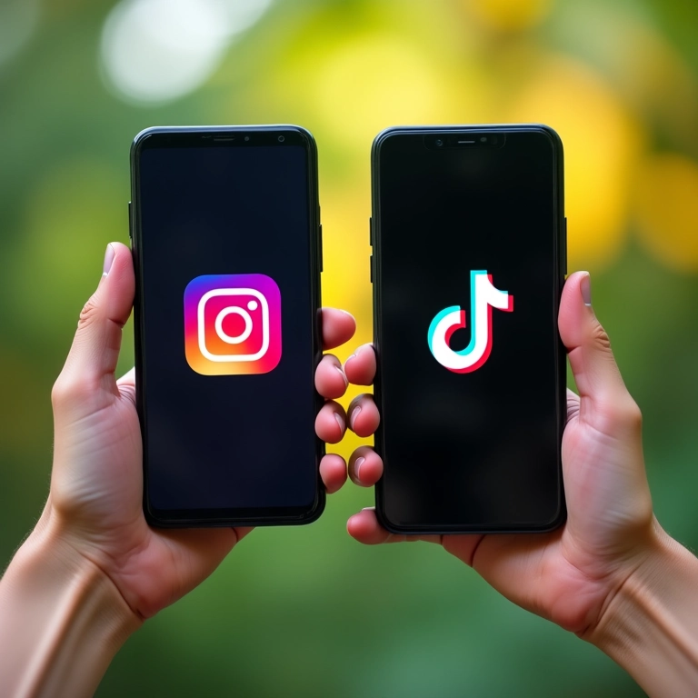 Instagram vs TikTok: Qual a Melhor Rede Para Você Usar? Comparativo visual entre Instagram e TikTok em smartphones, destacando a rivalidade entre as plataformas.
