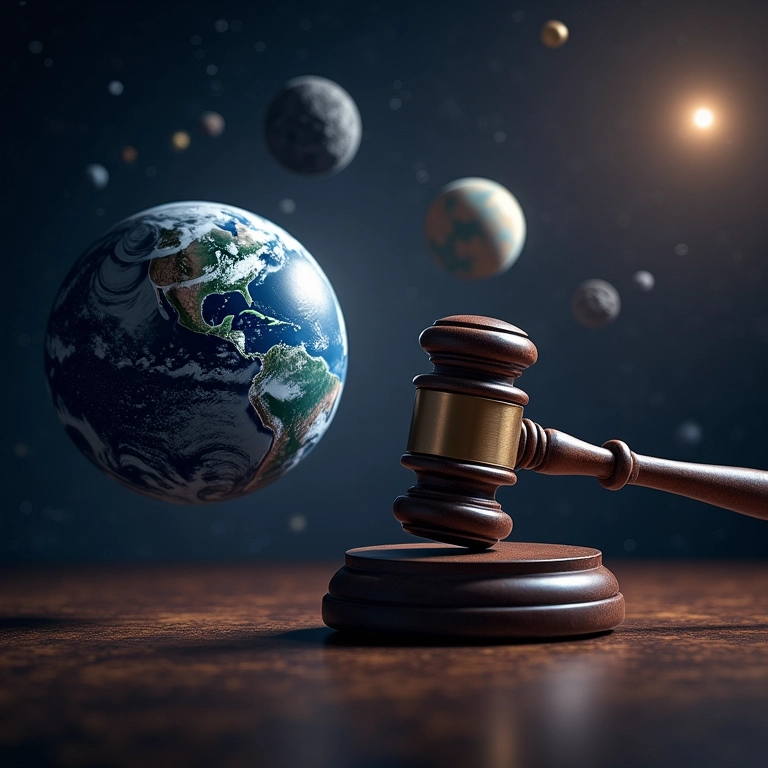 Conflito de Leis no Espaço: Qual Lei se Aplica ao Caso? Conflito de leis no espaço: representação visual do choque entre a legislação terrestre e as normas espaciais.