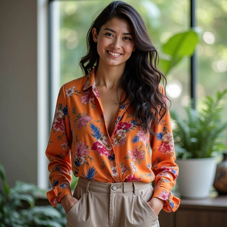 Consultora de viagens com blusa estampada e calça neutra, transmitindo energia e profissionalismo com as cores.