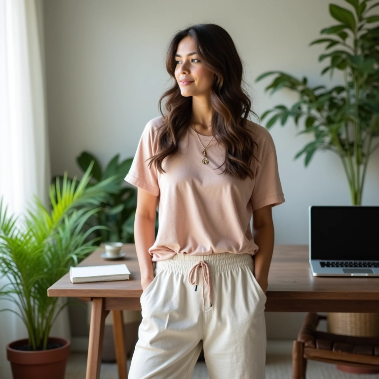 Consultora de viagens trabalhando em casa com look confortável: calça de linho, blusa fluida e acessórios práticos.
