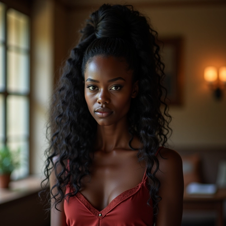 Coque alto com volume em cabelo longo preto, estilo elegante, decoração Farm Rio.