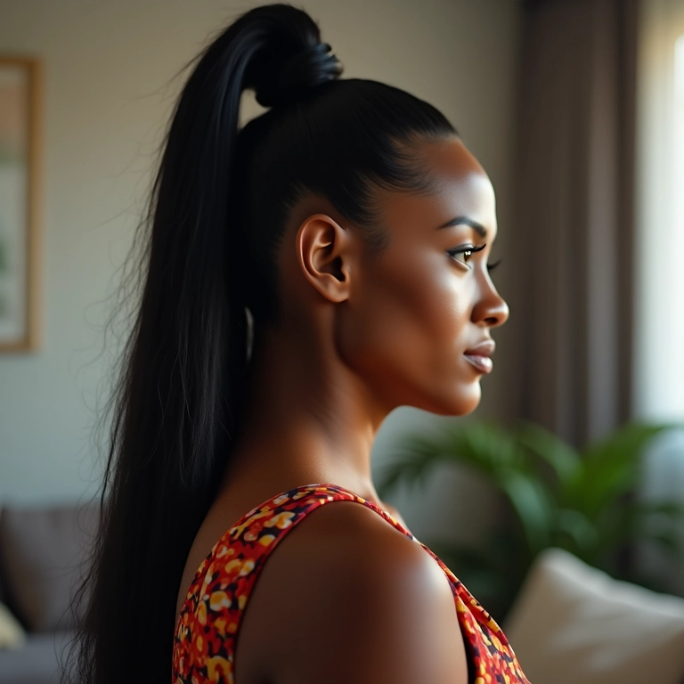 Coque alto elegante em cabelos longos e negros.