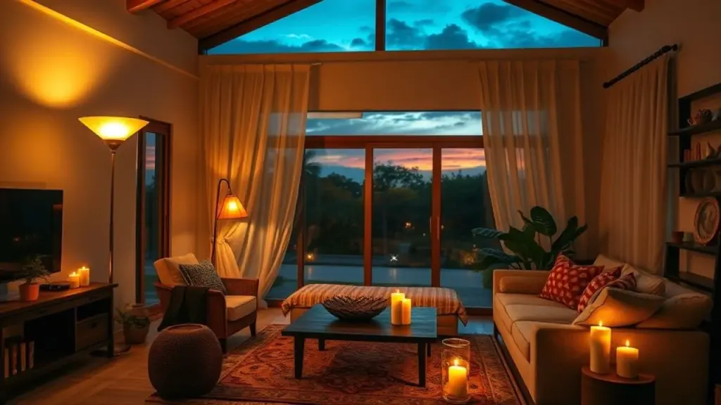 Cozy Brazilian living room at dusk, illuminated by a warm glow from a floor lamp and several Sala brasileira iluminada com luminária e velas criando ambiente acolhedor