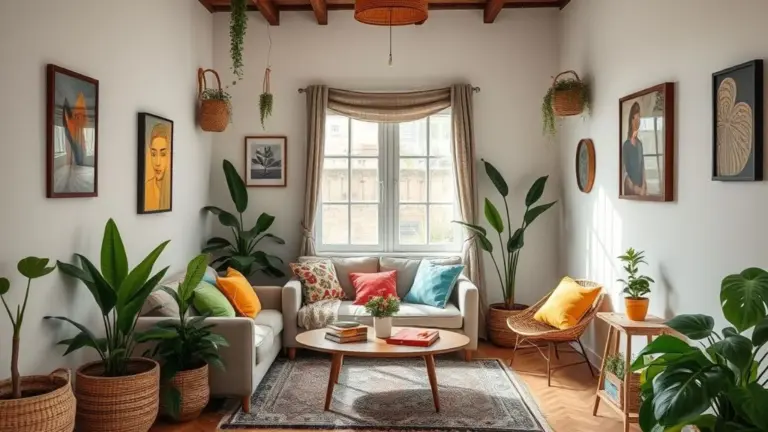 Sala pequena decorada com R$100, estilo brasileiro, DIY, cores vibrantes e plantas.