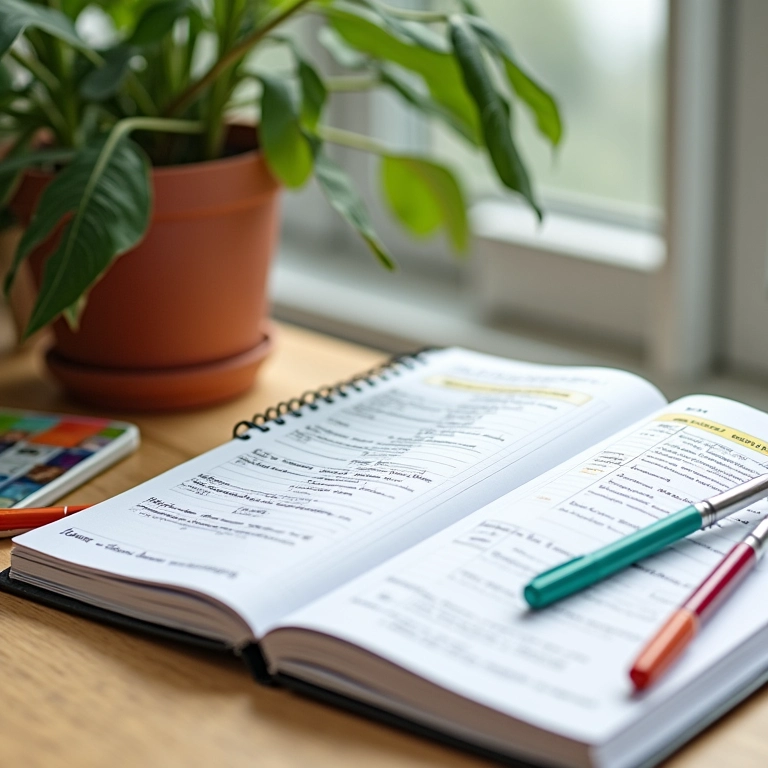 Cronograma de estudos detalhado em um caderno, com canetas coloridas e ambiente inspirador.