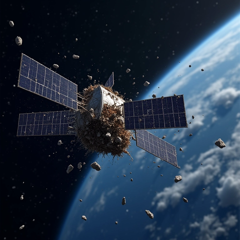 Danos espaciais: detritos de satélite causando prejuízos, aludindo à Convenção sobre Responsabilidade de 1972.