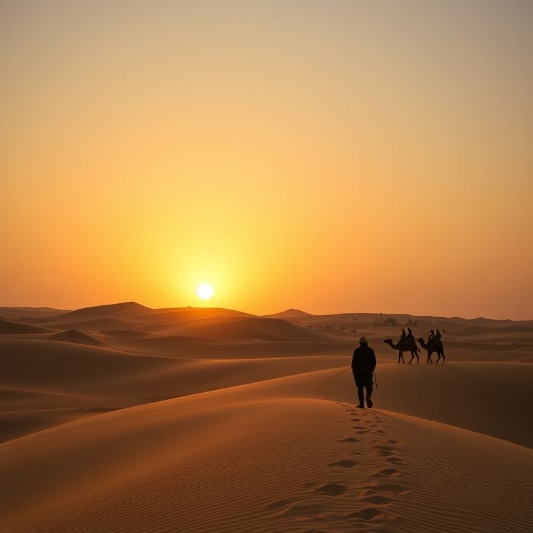 Deserto do Saara ao pôr do sol, com dunas douradas e um viajante.