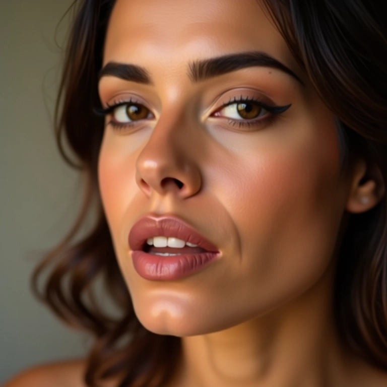 Destaque da maquiagem dos olhos e lábios.