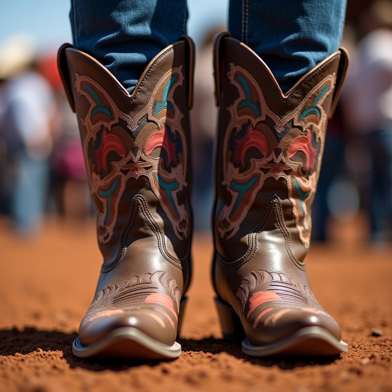 Detalhe de bota texana bordada com jeans em festival de música sertaneja.