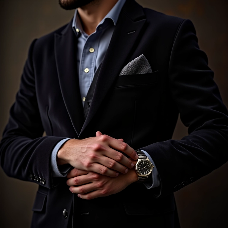 Detalhe de um homem adicionando um lenço de bolso e um relógio estiloso ao blazer de veludo.