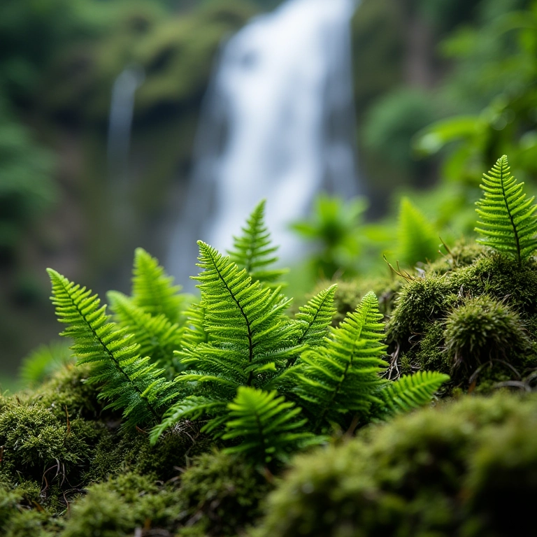 Detalhes da natureza ao redor de uma cachoeira: musgo e samambaias.