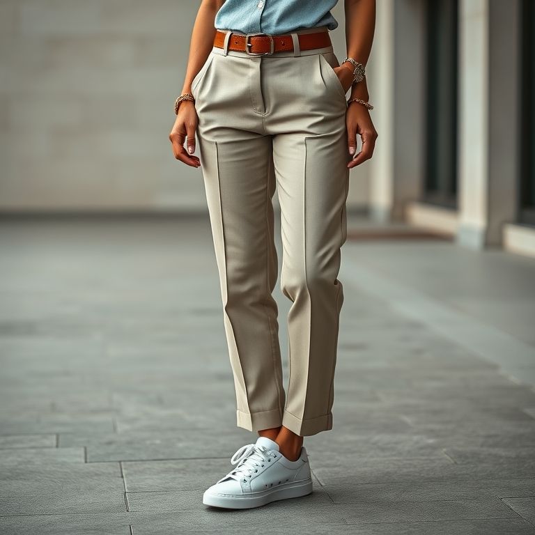 Detalhes do look calça de alfaiataria com tênis.