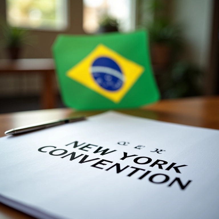 Documento da Convenção de Nova Iorque sobre mesa com a bandeira do Brasil.