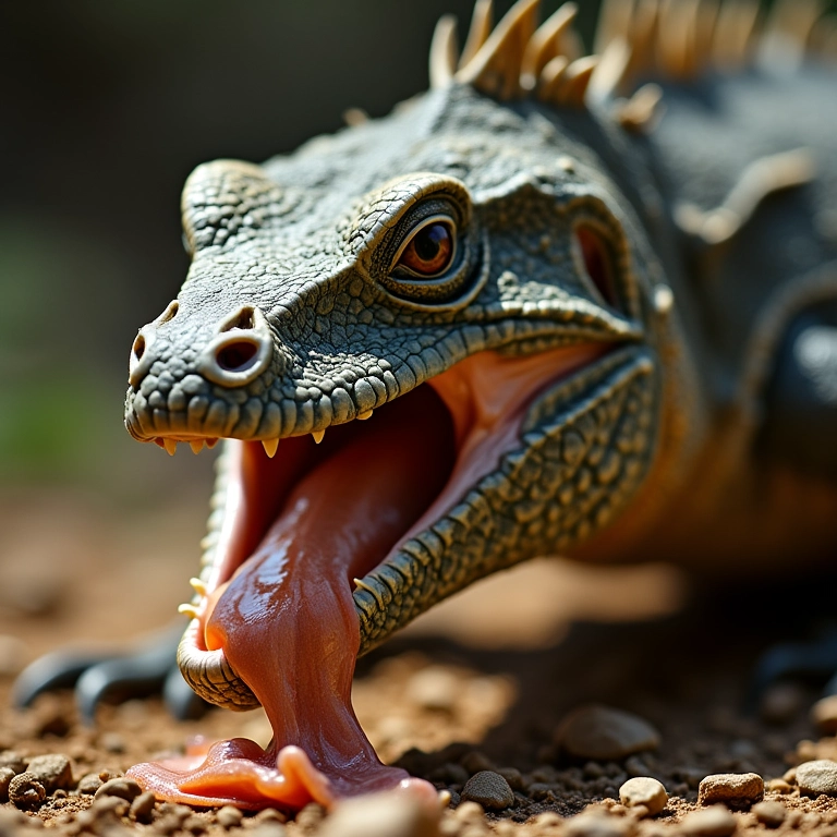 Dragão de Komodo mordendo sua presa, mostrando o veneno em sua saliva.