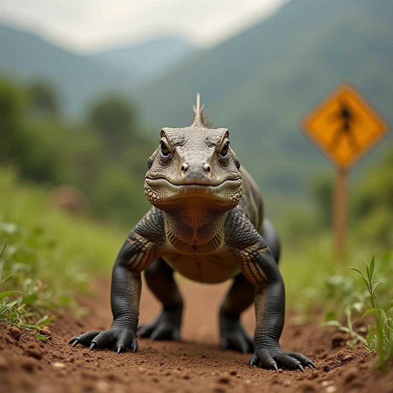 Dragão de Komodo se aproximando com placa de aviso ao fundo.