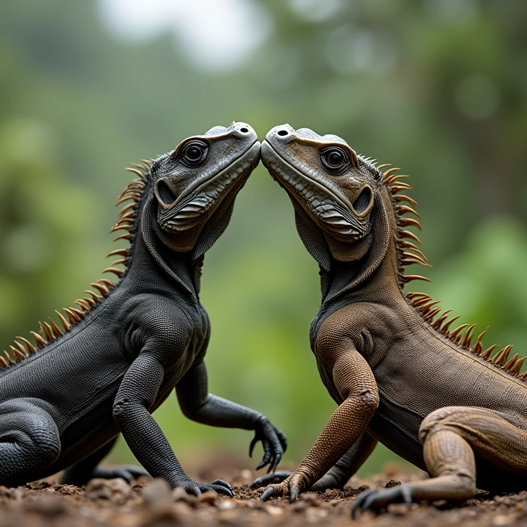 Dragões de Komodo acasalando em um ritual de cortejo.