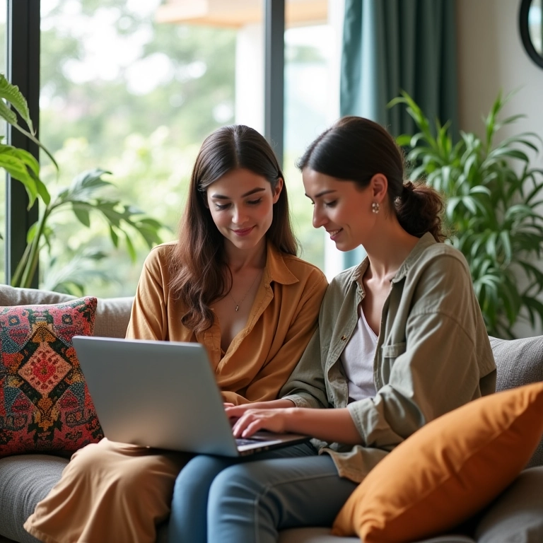 Duas mulheres planejando roteiro de viagem familiar no laptop em sala iluminada.