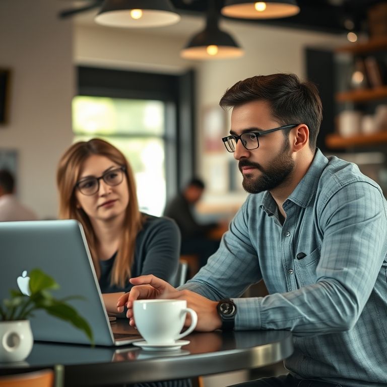 Duas pessoas em um café, uma oferecendo 'ajuda' com suporte técnico em troca de dados de login.