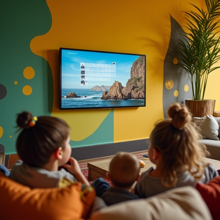 Echo Show 15 exibindo um calendário familiar em uma sala de estar.