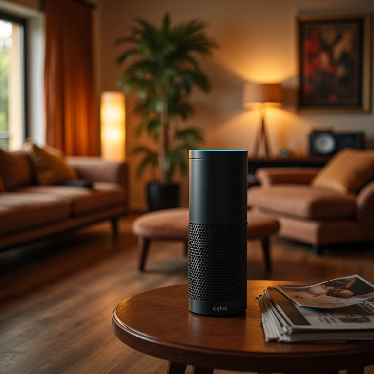 Echo Studio em uma sala de estar aconchegante com design brasileiro.