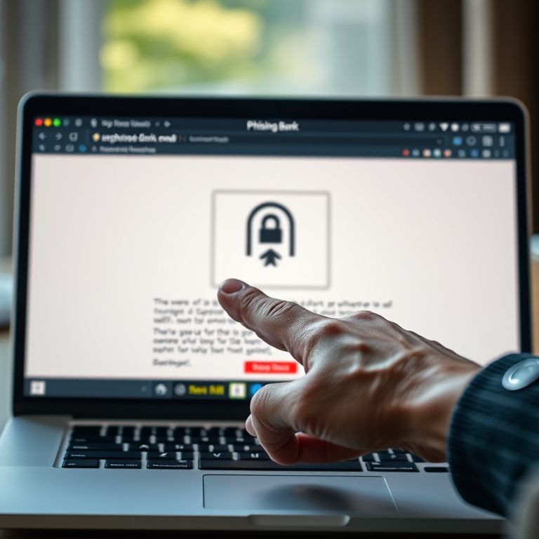 Email de phishing falso com o logo de um banco em uma tela de laptop.