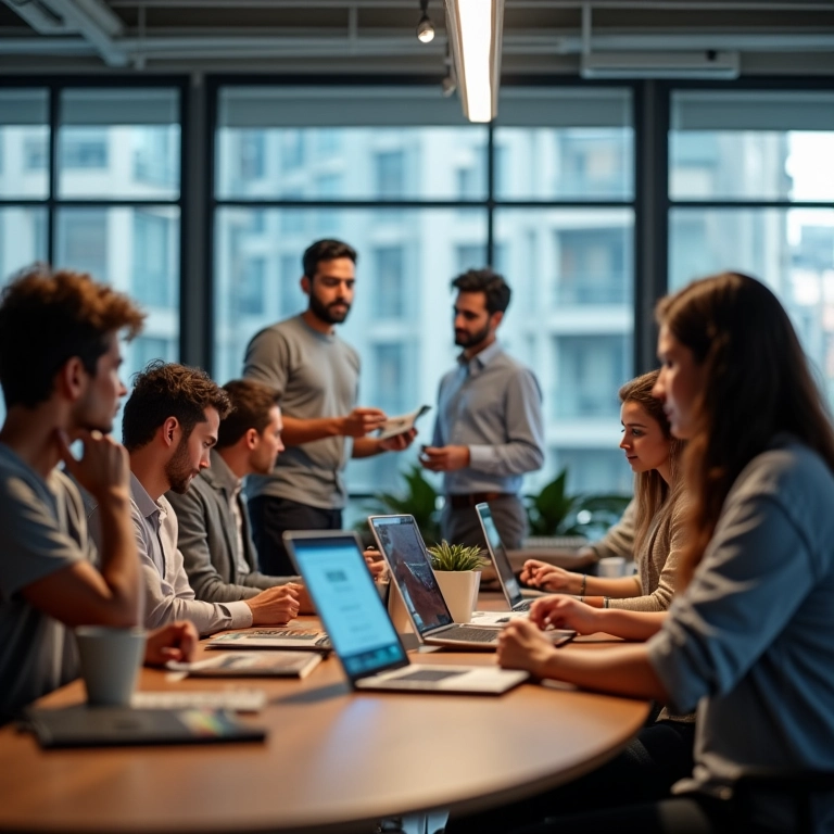 Equipe analisando dados de Instagram e TikTok para estratégias de marketing digital, mostrando alcance e engajamento.