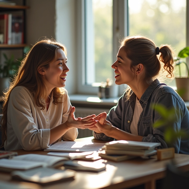 Estudante apaixonada discutindo tema de projeto com professor.