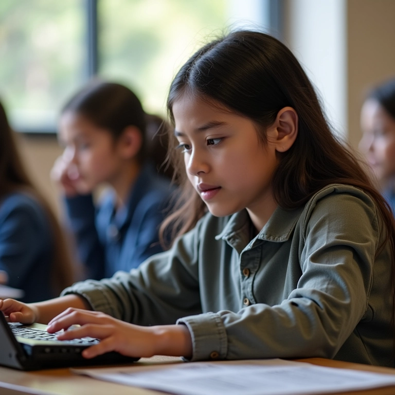 Estudante com deficiência participando ativamente de aula universitária com tecnologia assistiva.
